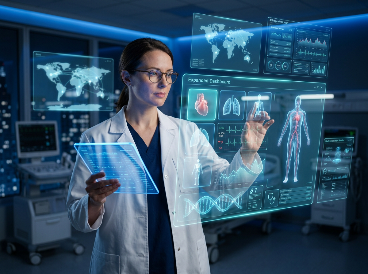 Eine futuristische medizinische Szene mit einer Ärztin in weißem Kittel und Brille, die ein Tablet mit blauem Bildschirm in einer Hand hält und mit der anderen Hand eine transparente holografische Benutze (1)